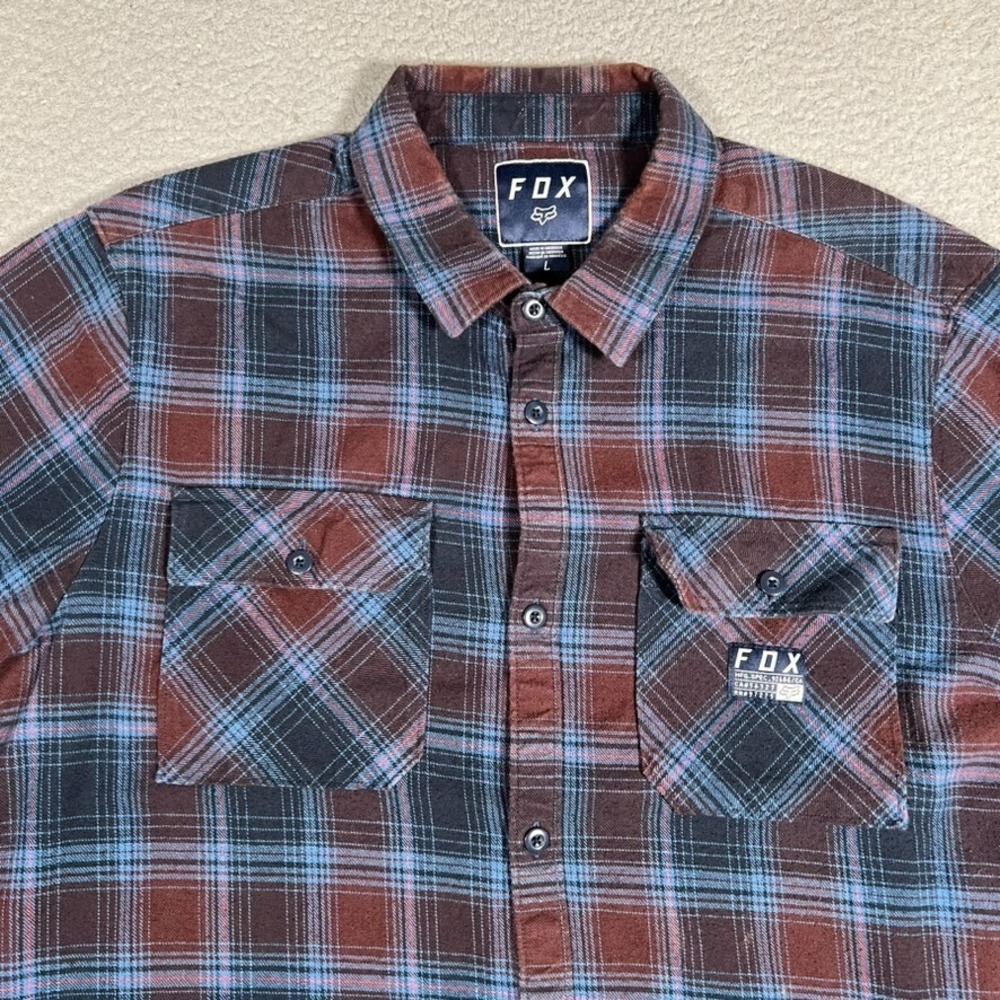 Fox Shirt Mens‎ Large Blue Plaid Flannel Casual Preppy Pocket Logo Button Up
